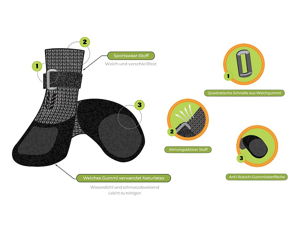 Sportliche Hundesocken mit atmungsaktivem Stoff, rutschfester Gummisohle und weichem, wasserdichtem Latex – für optimalen Schutz der Pfoten beim Spazierengehen.